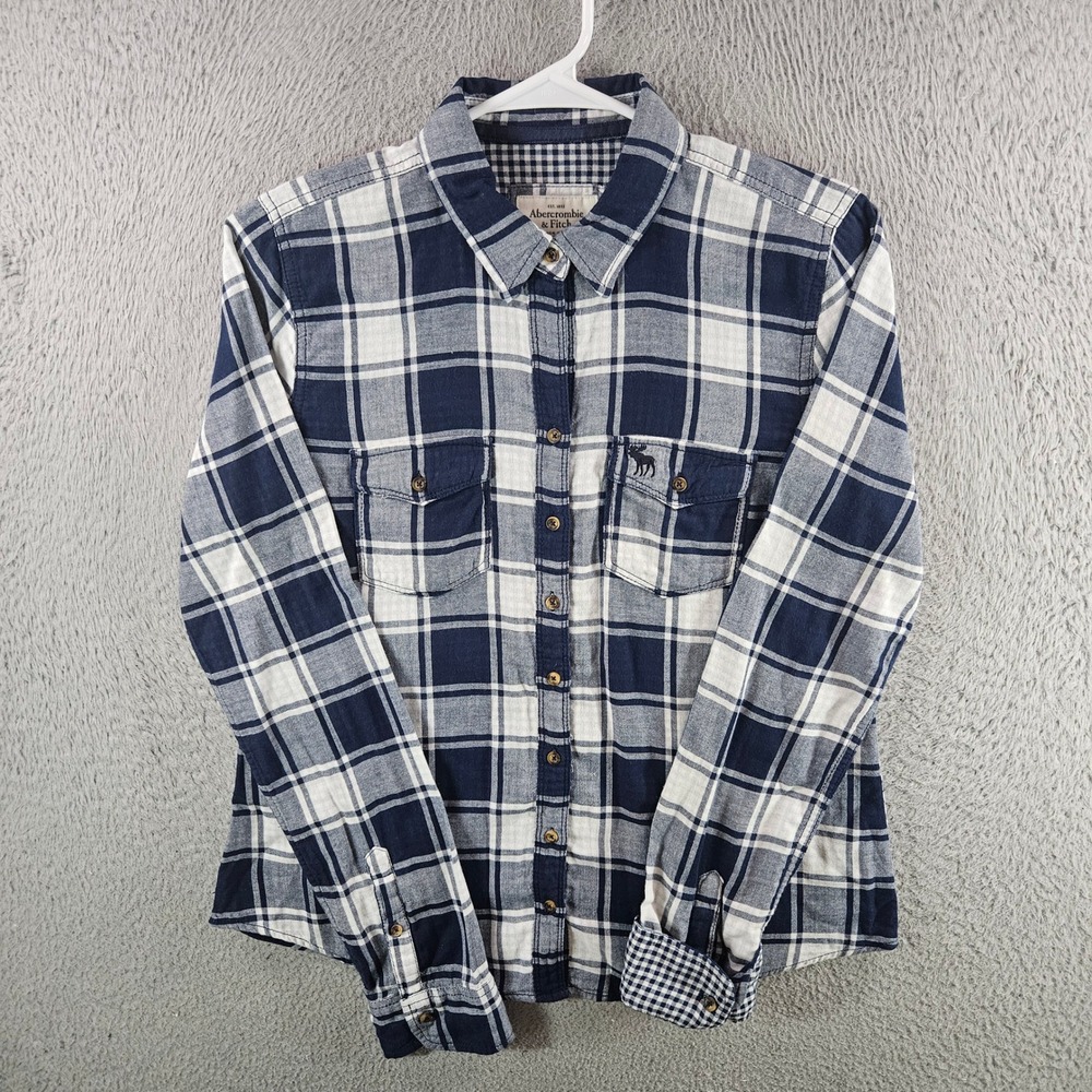 Abercrombie & Fitch Mens Navy Blue White Plaid Flannel Shirt L Moose Logo Y2K